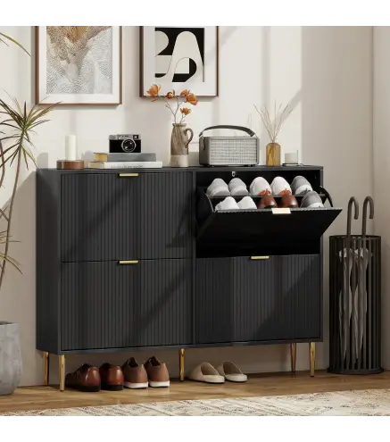 Zapatero Estrecho con 4 Puertas Acanaladas con Estantes Ajustables para 20 Pares 105x24x91,5 cm Negro