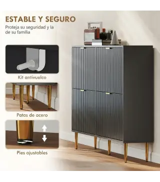 Zapatero Estrecho con 4 Puertas Acanaladas con Estantes Ajustables para 20 Pares 105x24x91,5 cm Negro