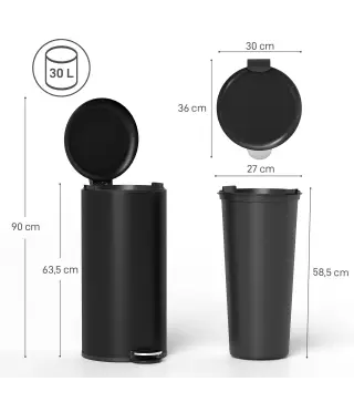 Papelera de Cocina 30L con Pedal Tapa de Cierre Suave y Cubo Extraíble para Dormitorio Oficina Estudio Salón Negro