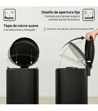 Papelera de Cocina 30L con Pedal Tapa de Cierre Suave y Cubo Extraíble para Dormitorio Oficina Estudio Salón Negro