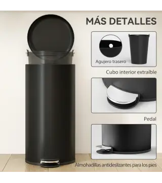 Papelera de Cocina 30L con Pedal Tapa de Cierre Suave y Cubo Extraíble para Dormitorio Oficina Estudio Salón Negro