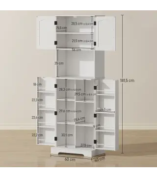Alacena de Cocina Alta con 4 Puertas 9 Estantes 8 Estantes en Puertas Estantes Ajustables 60x40x181,5 cm Blanco