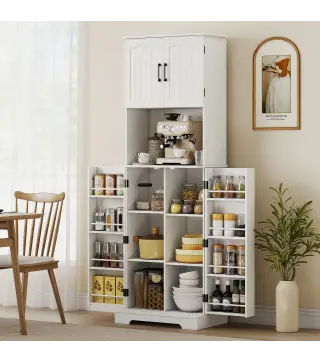 Alacena de Cocina Alta con 4 Puertas 9 Estantes 8 Estantes en Puertas Estantes Ajustables 60x40x181,5 cm Blanco