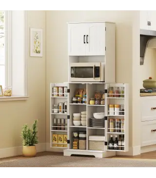 Alacena de Cocina Alta con 4 Puertas 9 Estantes 8 Estantes en Puertas Estantes Ajustables 60x40x181,5 cm Blanco