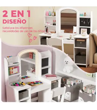 Tocador Infantil con Espejo con Luz Taburete Cajones de Tela Ganchos para Joyas y Estantes para 3 a 8 Años Blanco
