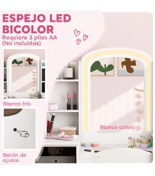 Tocador Infantil con Espejo con Luz Taburete Cajones de Tela Ganchos para Joyas y Estantes para 3 a 8 Años Blanco