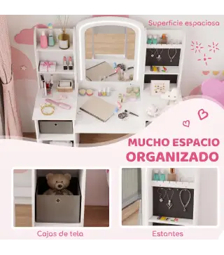 Tocador Infantil con Espejo con Luz Taburete Cajones de Tela Ganchos para Joyas y Estantes para 3 a 8 Años Blanco
