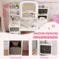 Tocador Infantil con Espejo con Luz Taburete Cajones de Tela Ganchos para Joyas y Estantes para 3 a 8 Años Blanco