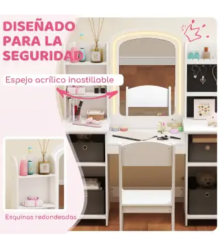 Tocador Infantil con Espejo con Luz Taburete Cajones de Tela Ganchos para Joyas y Estantes para 3 a 8 Años Blanco
