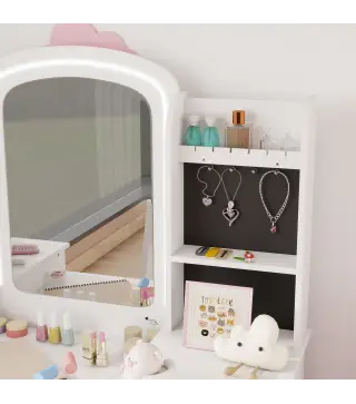 Tocador Infantil con Espejo con Luz Taburete Cajones de Tela Ganchos para Joyas y Estantes para 3 a 8 Años Blanco