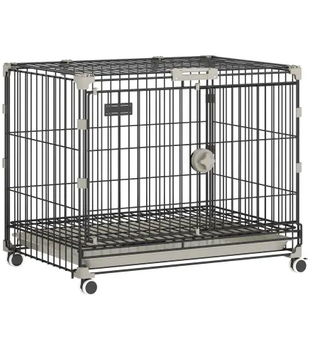 Jaula para Perros Plegable con Ruedas y Bandeja Extraíble Puerta Deslizante Techo Abatible 60,5x45,5x54,5 cm Negro