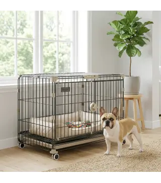 Jaula para Perros Plegable con Ruedas y Bandeja Extraíble Puerta Deslizante Techo Abatible 60,5x45,5x54,5 cm Negro