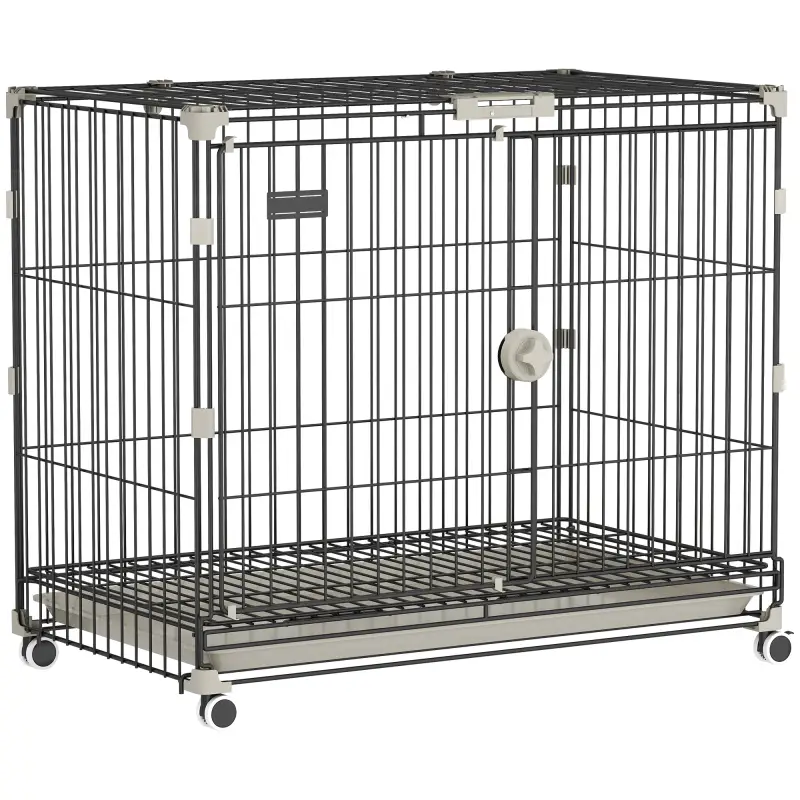 Jaula para Perros Plegable con Ruedas y Bandeja Extraíble Puerta Deslizante Techo Abatible 75,5x46x64,5 cm Negro
