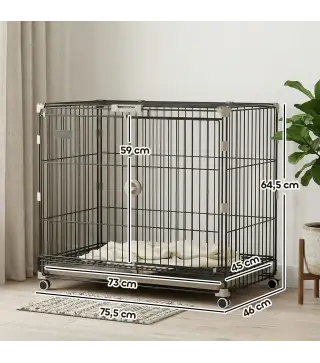 Jaula para Perros Plegable con Ruedas y Bandeja Extraíble Puerta Deslizante Techo Abatible 75,5x46x64,5 cm Negro