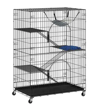 Jaula para gatos de 4 niveles con hamaca, cama, rampas y plataformas en metal con ruedas y bandeja extraíble, Negro