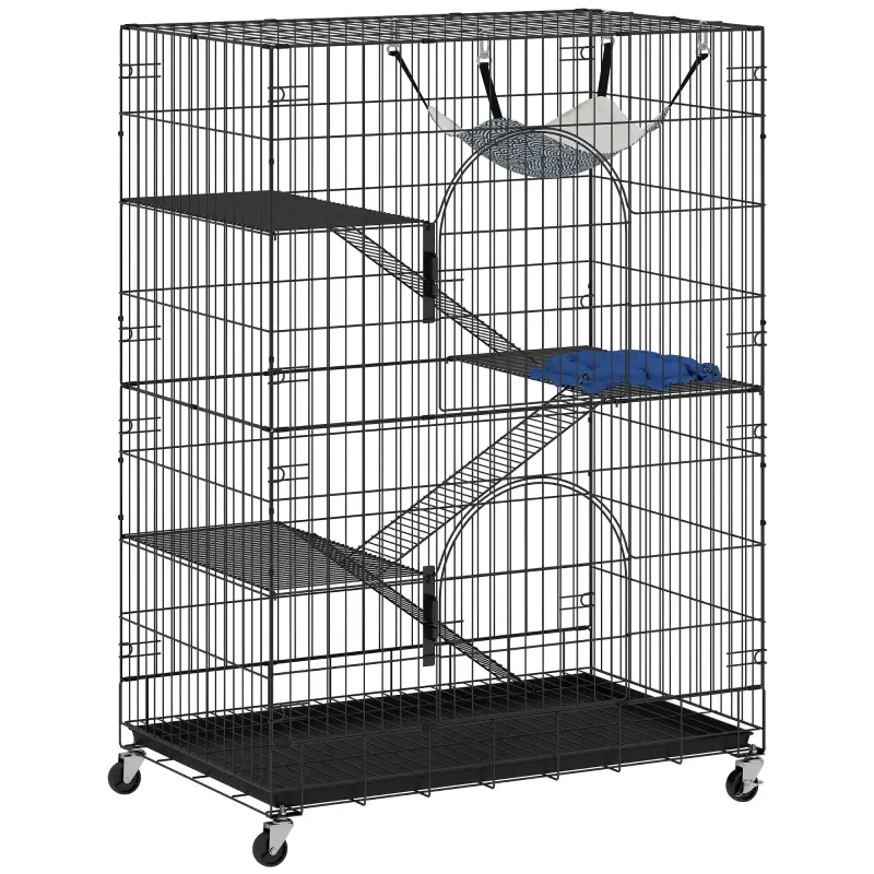 Jaula para gatos de 4 niveles con hamaca, cama, rampas y plataformas en metal con ruedas y bandeja extraíble, Negro Jaula para gatos de 4 niveles con hamaca, cama, rampas y plataformas en metal con ruedas y bandeja extraíble, Negro