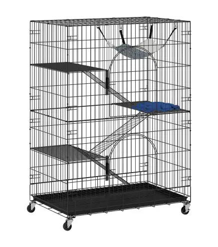 Jaula para gatos de 4 niveles con hamaca, cama, rampas y plataformas en metal con ruedas y bandeja extraíble, Negro