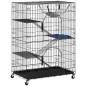 Jaula para gatos de 4 niveles con hamaca, cama, rampas y plataformas en metal con ruedas y bandeja extraíble, Negro
