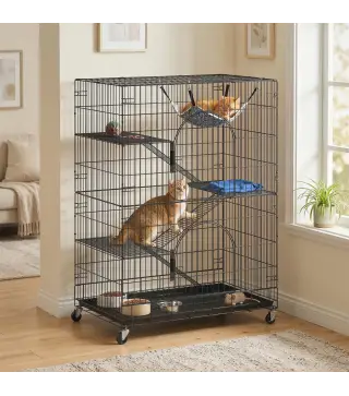 Jaula para gatos de 4 niveles con hamaca, cama, rampas y plataformas en metal con ruedas y bandeja extraíble, Negro