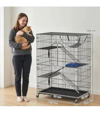 Jaula para gatos de 4 niveles con hamaca, cama, rampas y plataformas en metal con ruedas y bandeja extraíble, Negro