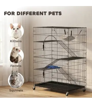 Jaula para gatos de 4 niveles con hamaca, cama, rampas y plataformas en metal con ruedas y bandeja extraíble, Negro