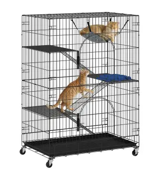 Jaula para gatos de 4 niveles con hamaca, cama, rampas y plataformas en metal con ruedas y bandeja extraíble, Negro