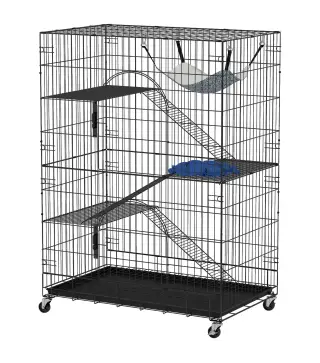 Jaula para gatos de 4 niveles con hamaca, cama, rampas y plataformas en metal con ruedas y bandeja extraíble, Negro