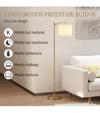 Lámpara de Pie LED Regulable con Temperaturas de Color Ajuste Continuo Control Remoto Temporizador de 60 Minutos Dorado