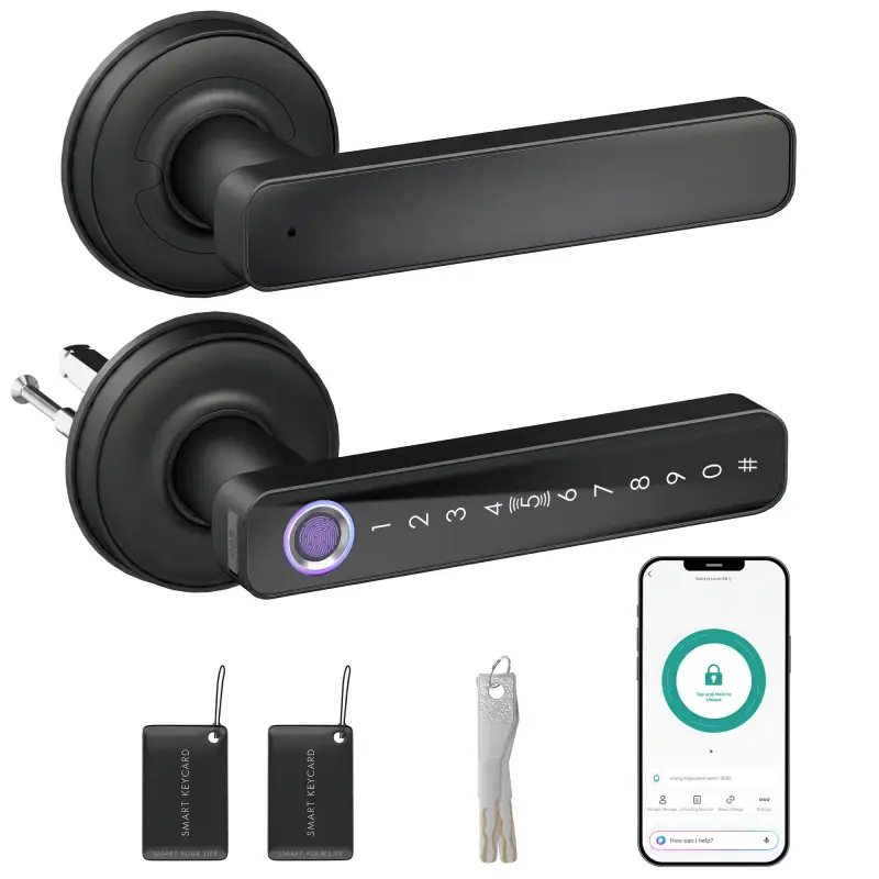 Cerradura Inteligente con Manilla 5 en 1 con Huella Código App Bluetooth Tarjeta NFC y Llave Registro de Accesos Negro Cerradura Inteligente con Manilla 5 en 1 con Huella Código App Bluetooth Tarjeta NFC y Llave Registro de Accesos Negro