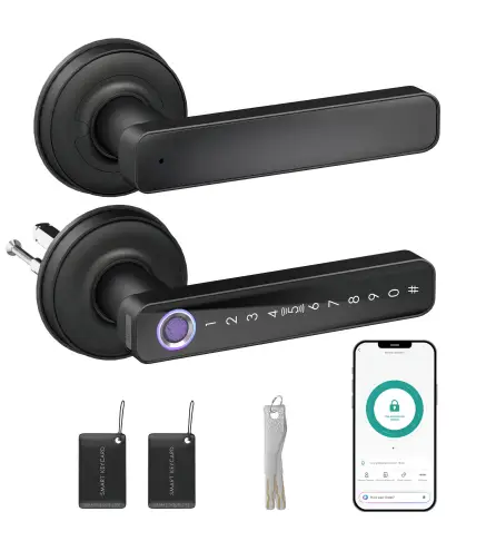 Cerradura Inteligente con Manilla 5 en 1 con Huella Código App Bluetooth Tarjeta NFC y Llave Registro de Accesos Negro