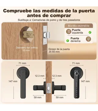 Cerradura Inteligente con Manilla 5 en 1 con Huella Código App Bluetooth Tarjeta NFC y Llave Registro de Accesos Negro