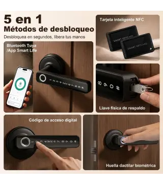 Cerradura Inteligente con Manilla 5 en 1 con Huella Código App Bluetooth Tarjeta NFC y Llave Registro de Accesos Negro