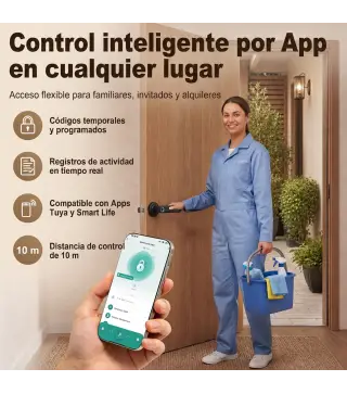 Cerradura Inteligente con Manilla 5 en 1 con Huella Código App Bluetooth Tarjeta NFC y Llave Registro de Accesos Negro