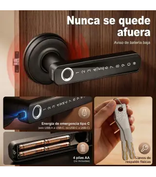 Cerradura Inteligente con Manilla 5 en 1 con Huella Código App Bluetooth Tarjeta NFC y Llave Registro de Accesos Negro