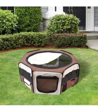 Parque Plegable para Perros y Gatos Corralito Portátil para Animales Pequeños Impermeable de Tela Oxford Ø90x41 cm Café
