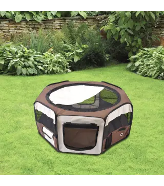 Parque Plegable para Perros y Gatos Corralito Portátil para Animales Pequeños Impermeable de Tela Oxford Ø90x41 cm Café