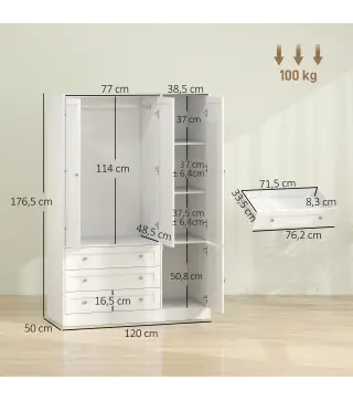 Armario Ropero de 4 Puertas con Barra 3 Cajones y Estante Ajustable 120x50x176,5 cm Blanco