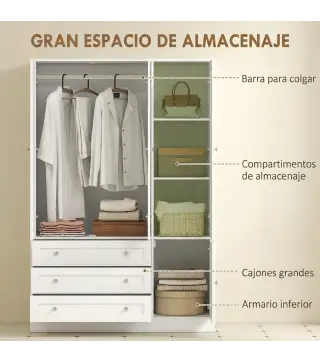 Armario Ropero de 4 Puertas con Barra 3 Cajones y Estante Ajustable 120x50x176,5 cm Blanco