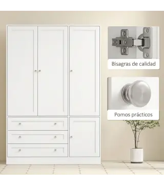 Armario Ropero de 4 Puertas con Barra 3 Cajones y Estante Ajustable 120x50x176,5 cm Blanco