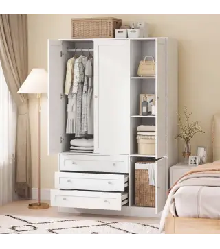Armario Ropero de 4 Puertas con Barra 3 Cajones y Estante Ajustable 120x50x176,5 cm Blanco