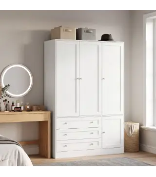 Armario Ropero de 4 Puertas con Barra 3 Cajones y Estante Ajustable 120x50x176,5 cm Blanco