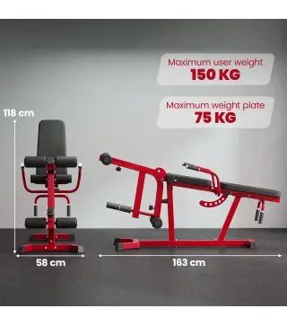 Máquina de Extensión y Curl de Piernas Ajustable 3 en 1 Carga 300 kg con Carga de Placas para Casa Gimnasio Rojo