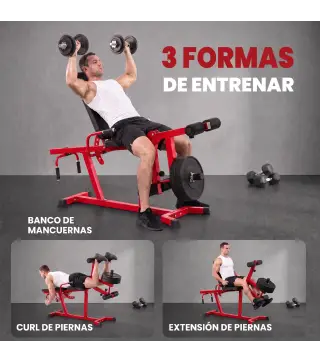 Máquina de Extensión y Curl de Piernas Ajustable 3 en 1 Carga 300 kg con Carga de Placas para Casa Gimnasio Rojo