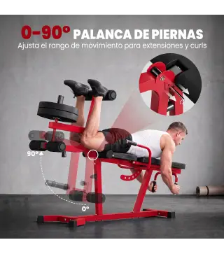 Máquina de Extensión y Curl de Piernas Ajustable 3 en 1 Carga 300 kg con Carga de Placas para Casa Gimnasio Rojo