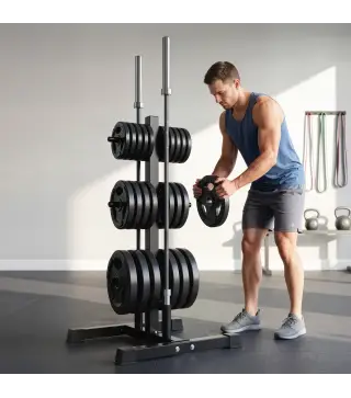 Soporte para Discos de Pesas Carga 300 kg para Discos de 25 mm y 50 mm con 2 Estantes de Barra para Gimnasio Casa Negro