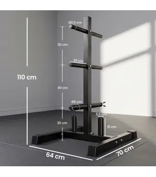 Soporte para Discos de Pesas Carga 300 kg para Discos de 25 mm y 50 mm con 2 Estantes de Barra para Gimnasio Casa Negro