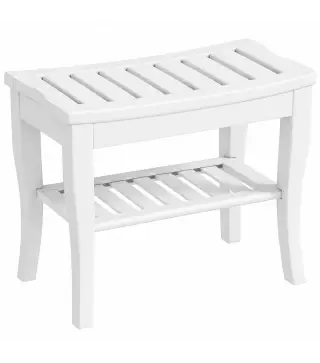 Taburete de Baño de Bambú con Estante Banco de Baño Impermeable y Robusta para Salón SPA 47,5x26x44,5 cm Blanco