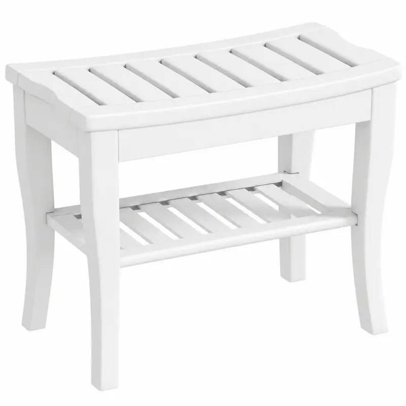 Taburete de Baño de Bambú con Estante Banco de Baño Impermeable y Robusta para Salón SPA 47,5x26x44,5 cm Blanco
