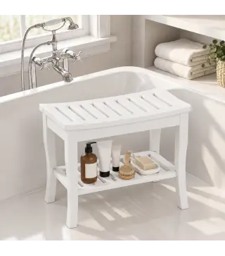 Taburete de Baño de Bambú con Estante Banco de Baño Impermeable y Robusta para Salón SPA 47,5x26x44,5 cm Blanco