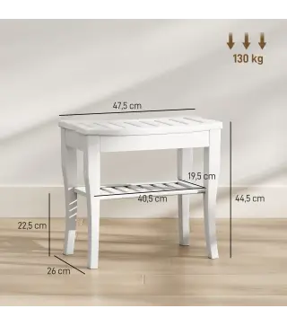 Taburete de Baño de Bambú con Estante Banco de Baño Impermeable y Robusta para Salón SPA 47,5x26x44,5 cm Blanco